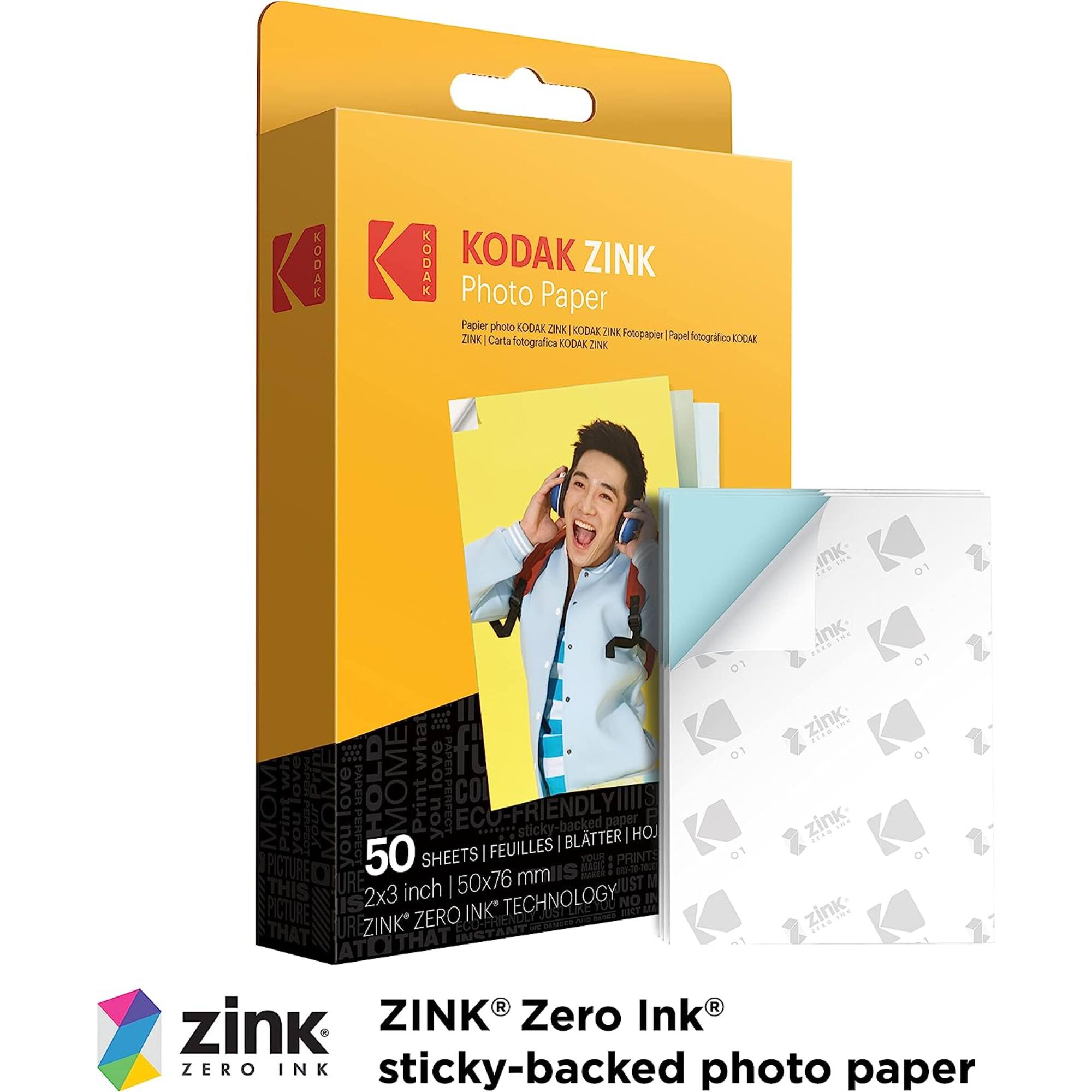 KODAK ZINK Photo Paper  
Papier photo KODAK ZINK  
Fotopapier KODAK ZINK  
Papel fotográfico KODAK ZINK  
Carta fotografica KODAK ZINK  
TIK totografico KODAK ZINK  

50 SHEETS | FEUILLES | BLATTER | HOJAS  
2x3 inch | 50x76 mm  

ZINK® Zero Ink®  
sticky-backed photo paper  

ZINK® Zero Ink® Technology