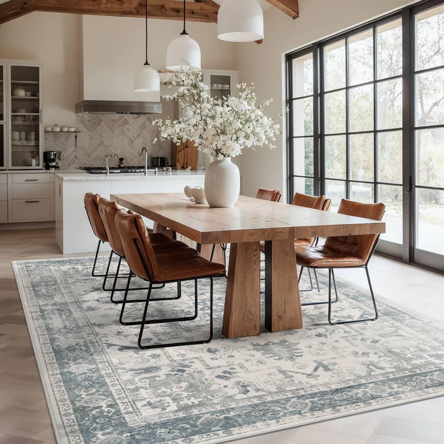 Alt View 2. PARKER SLATER - Area Rugs 5x7 Washable Living Room Vintage Boho Light Blue Rug Office Dining Farmhouse Durable Low Pile Non Slip High - Apricot.