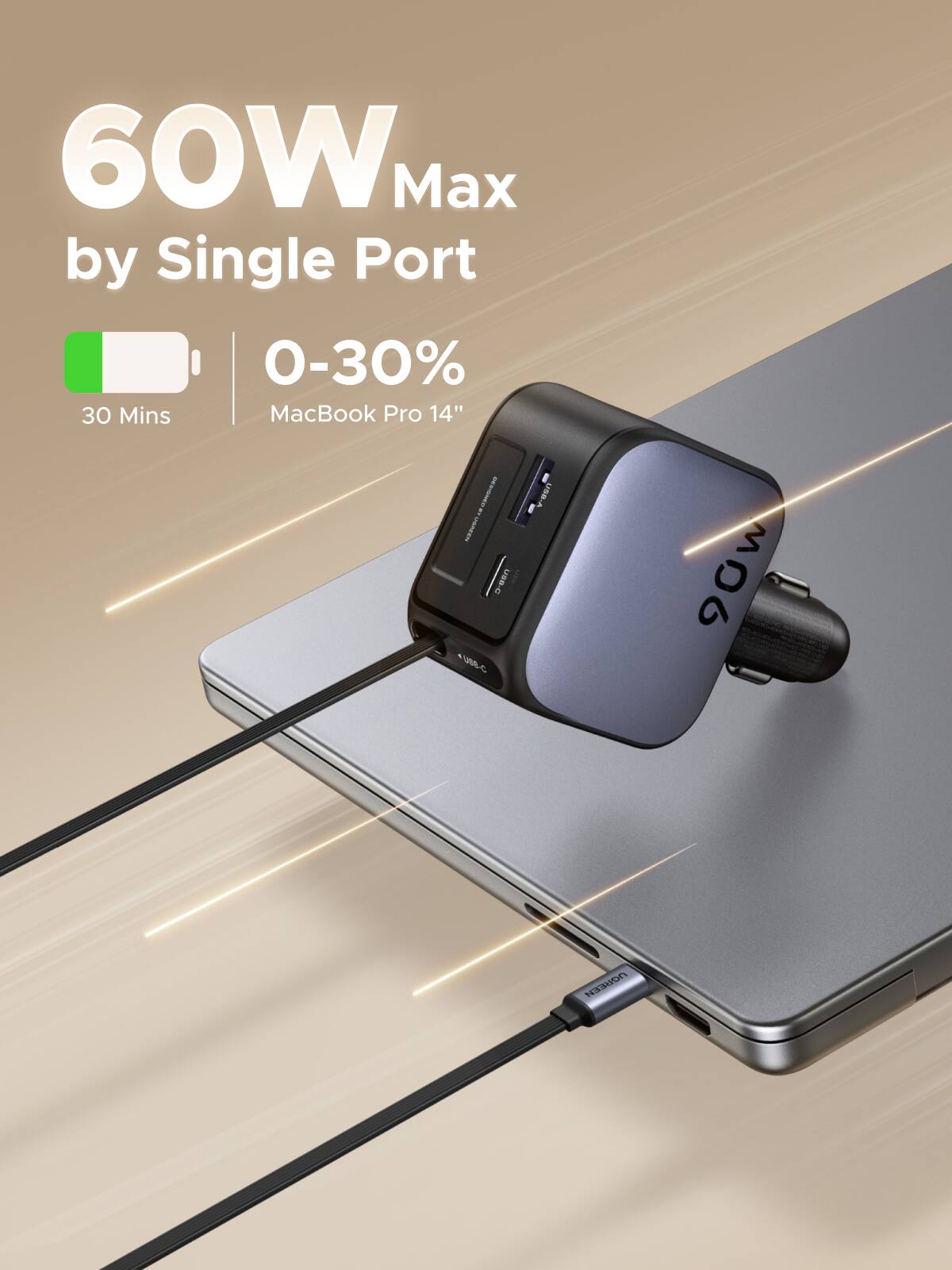 60W Max by Single Port  
0-30%  
30 Mins  
MacBook Pro 14"  
DESIGNED LANDA WARZEN UNIC USB-C  
90W  
UGREEN