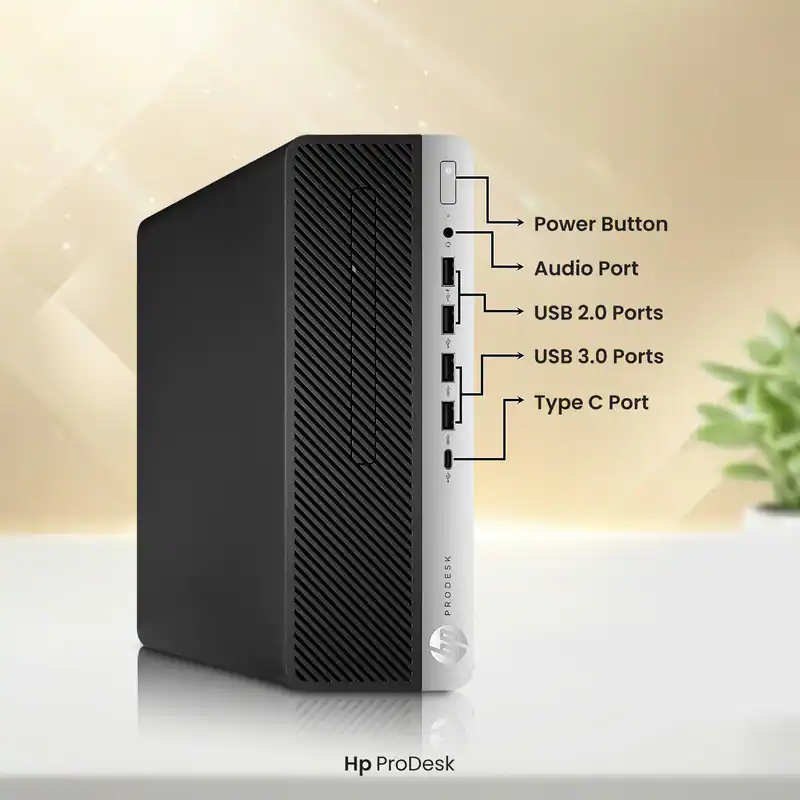 - Power Button
- Audio Port
- USB 2.0 Ports
- USB 3.0 Ports
- Type C Port

HP ProDesk
