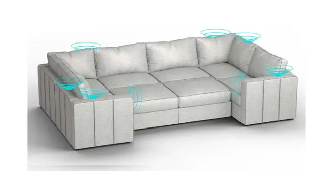 Angle. Lovesac - 8 Seats + 10 Sides Tonal Sterling Luxe Chenille & Lovesoft with 6 Speaker Immersive Sound + Charge System - Tonal Sterling.