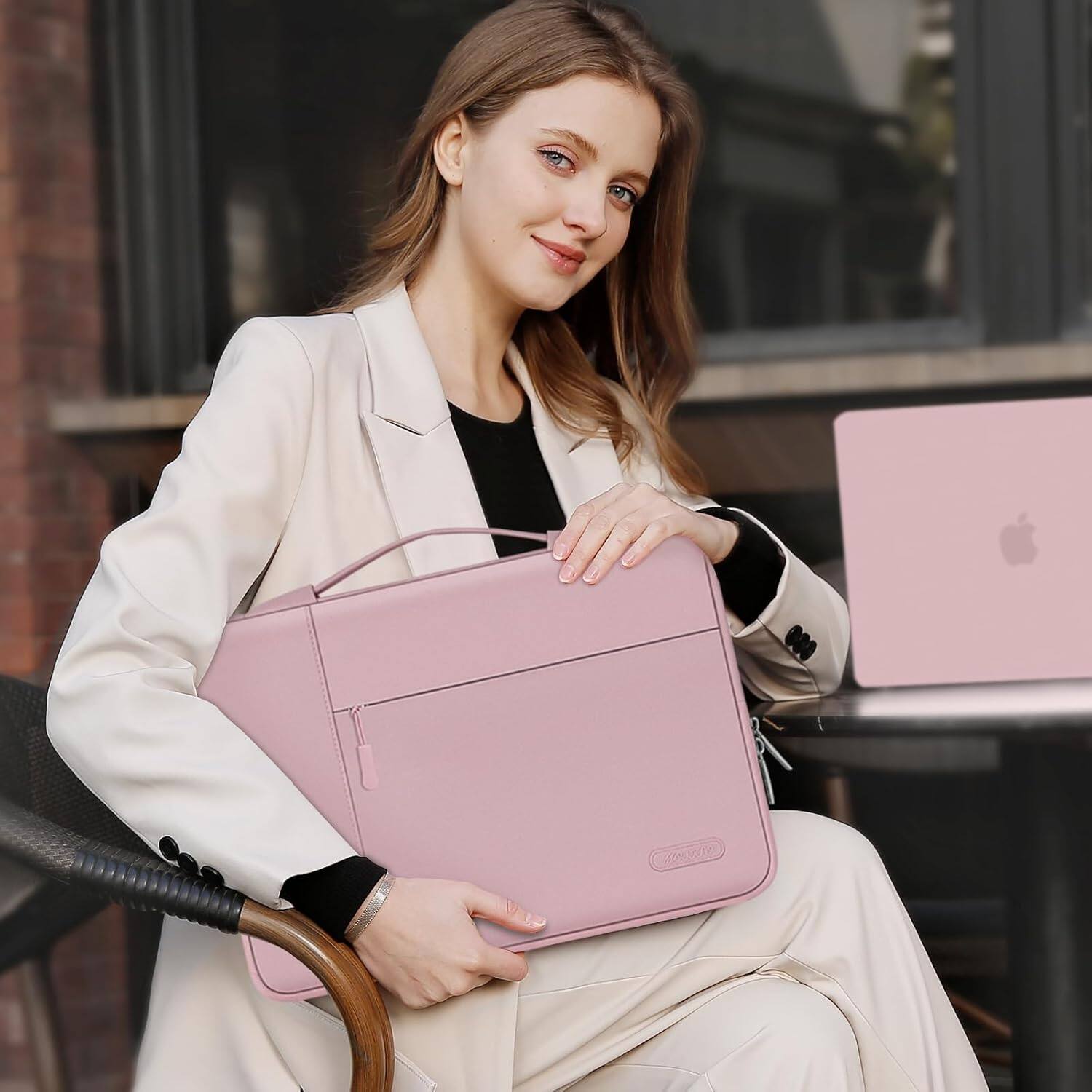 Alt View 1. mosiso - 13.3-inch Slim Laptop Sleeve with Handle, Shock-Resistant Bubble Foam, Two Exterior Pockets - Pink.