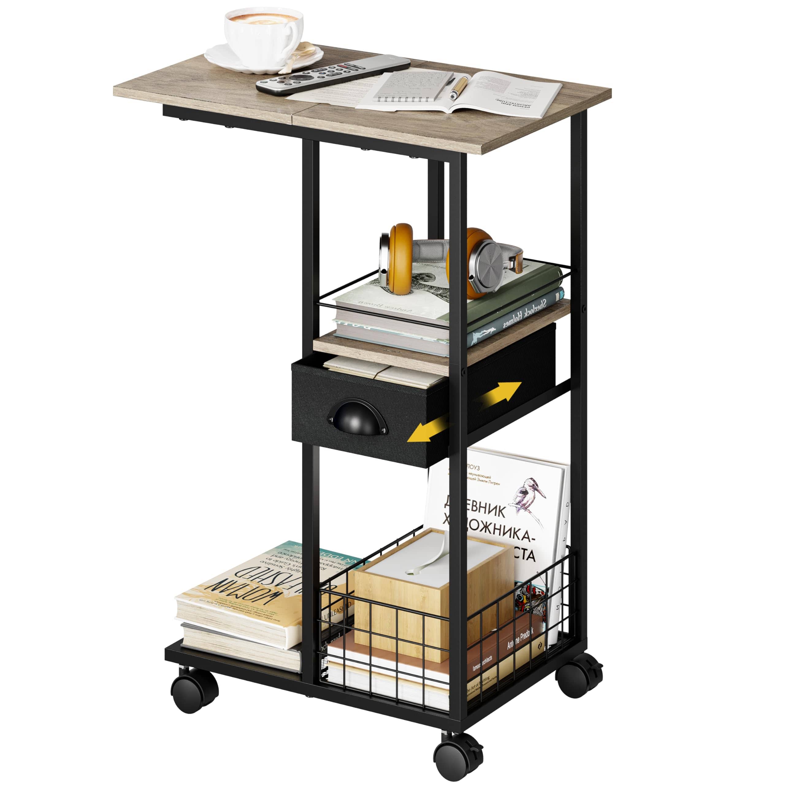 Fabibe - C Shaped Sofa Side Table: Couch End Table With Drawer - Bedside Wheels 19.7''l X 11.8''w 28''h Mobile Tables - Ivory Large