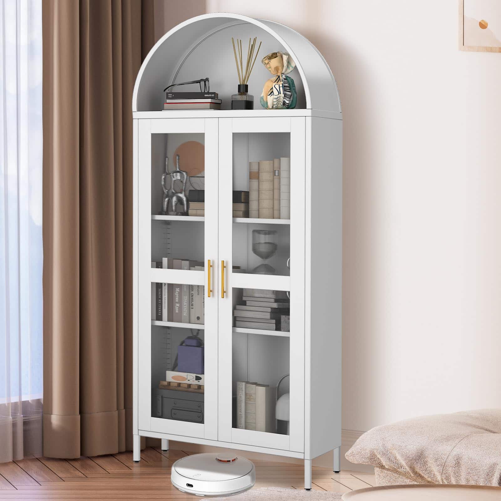 Jojoka - 73" Metal Arched Cabinet with Glass Doors, Modern Freestanding Storage Bookshelf with Adjustable Shelves - White