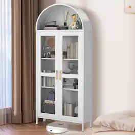 Jojoka - 73" Metal Arched Cabinet with Glass Doors, Modern Freestanding Storage Bookshelf with Adjustable Shelves - White