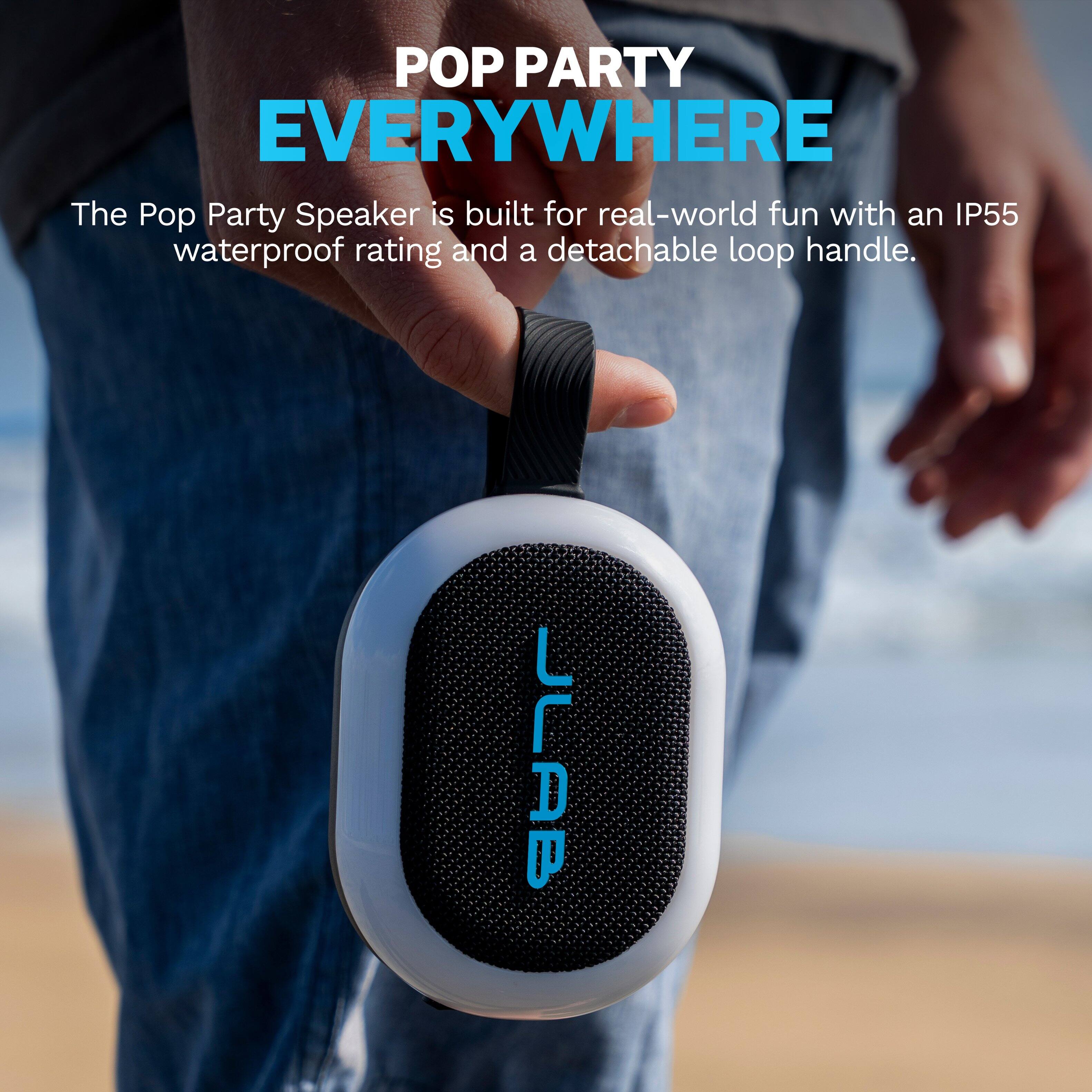 POP PARTY EVERYWHERE

The Pop Party Speaker is built for real-world fun with an IP55 waterproof rating and a detachable loop handle.