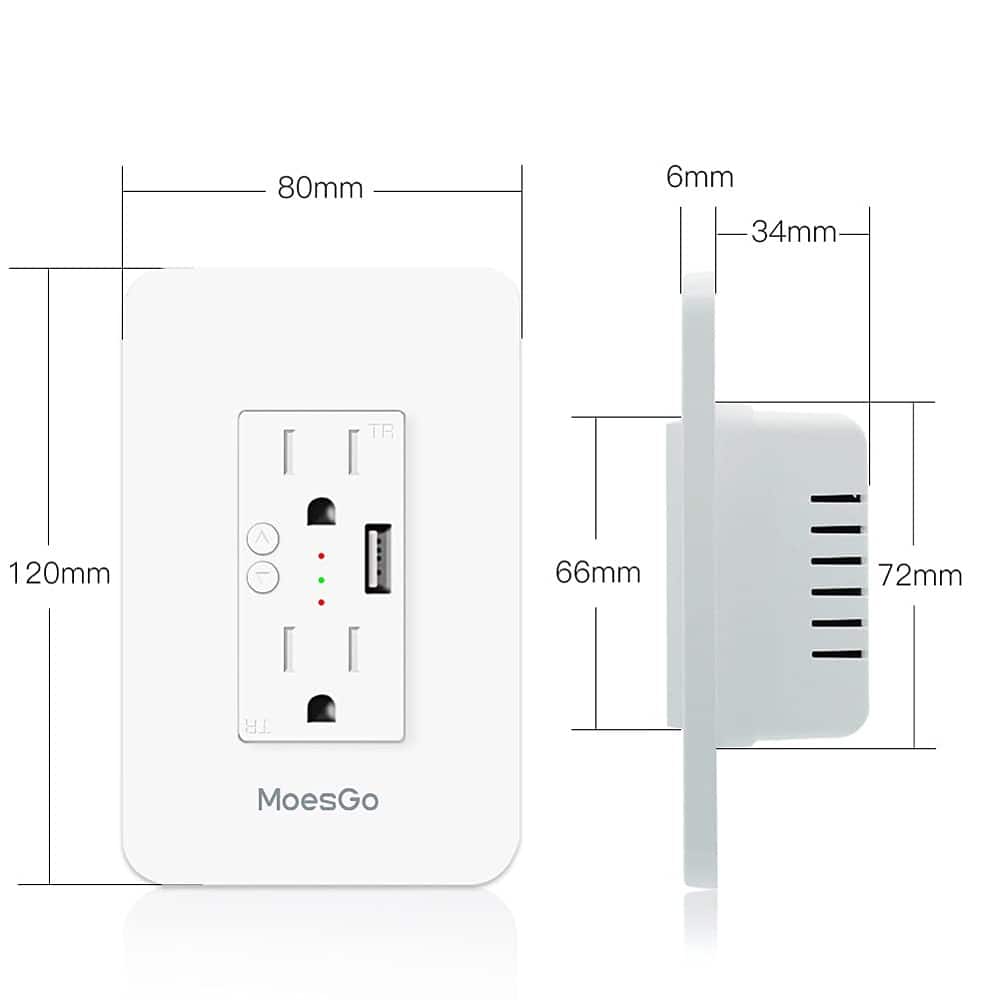 MOSZAR LLC - Smart Power Wall Outlet – 2 AC Outlets, USB Port, Wi-Fi, Works with Alexa & Google - White