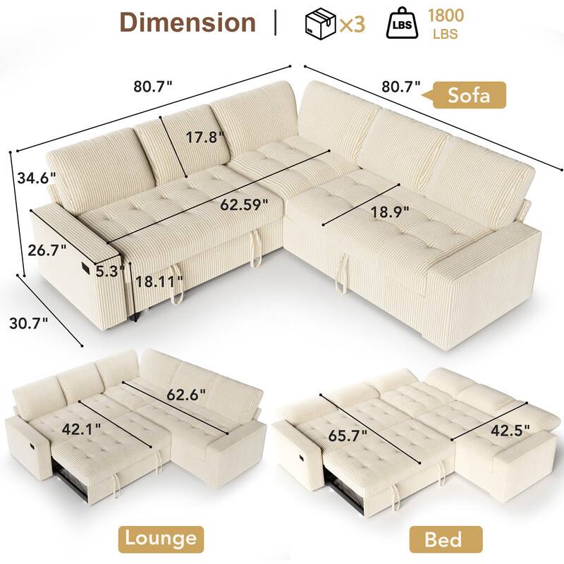 Dimension | x3 LBS 1800 LBS 80.7" 80.7" Sofa 17.8" 34.6" 62.59" 18.9" 26.7" 5.3" 18.11" 30.7" 62.6" 42.1" 65.7" 42.5" Lounge Bed