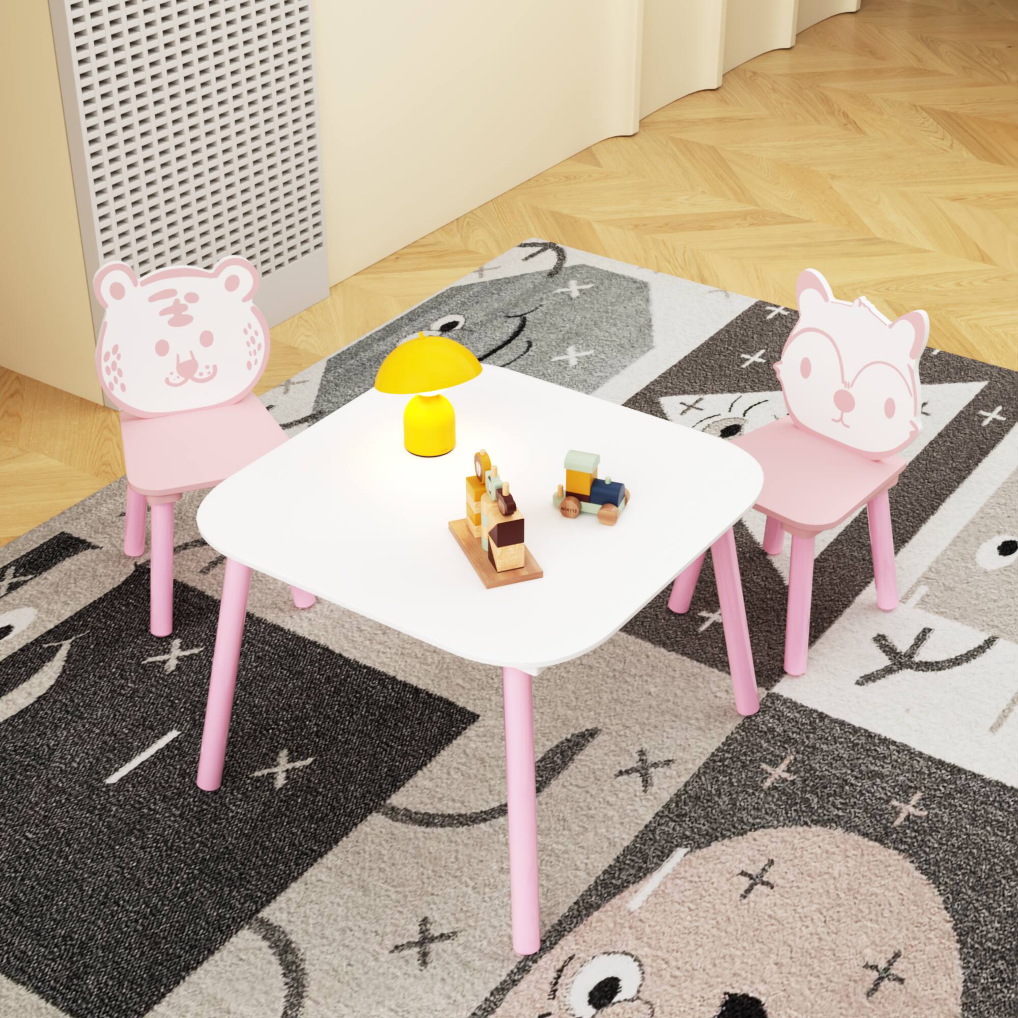 Angle. Tiramisubest - Kids Table and Chair Set,3-Piece Wooden Toddler Desk with Animal Backrest,Activity Table for Playroom (Pink & White) - Pink+White.
