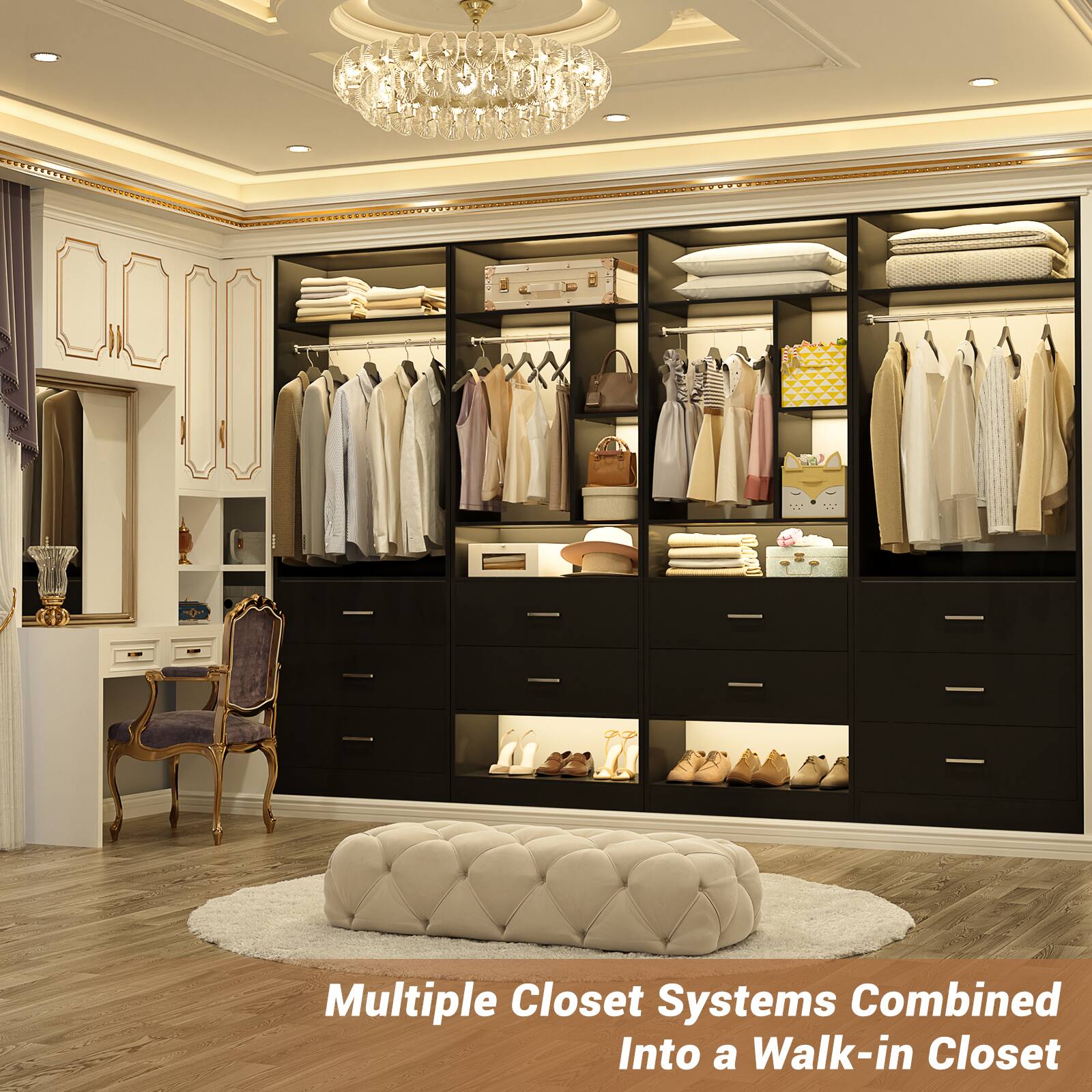 Multiple Closet Systems Combined Into a Walk-in Closet