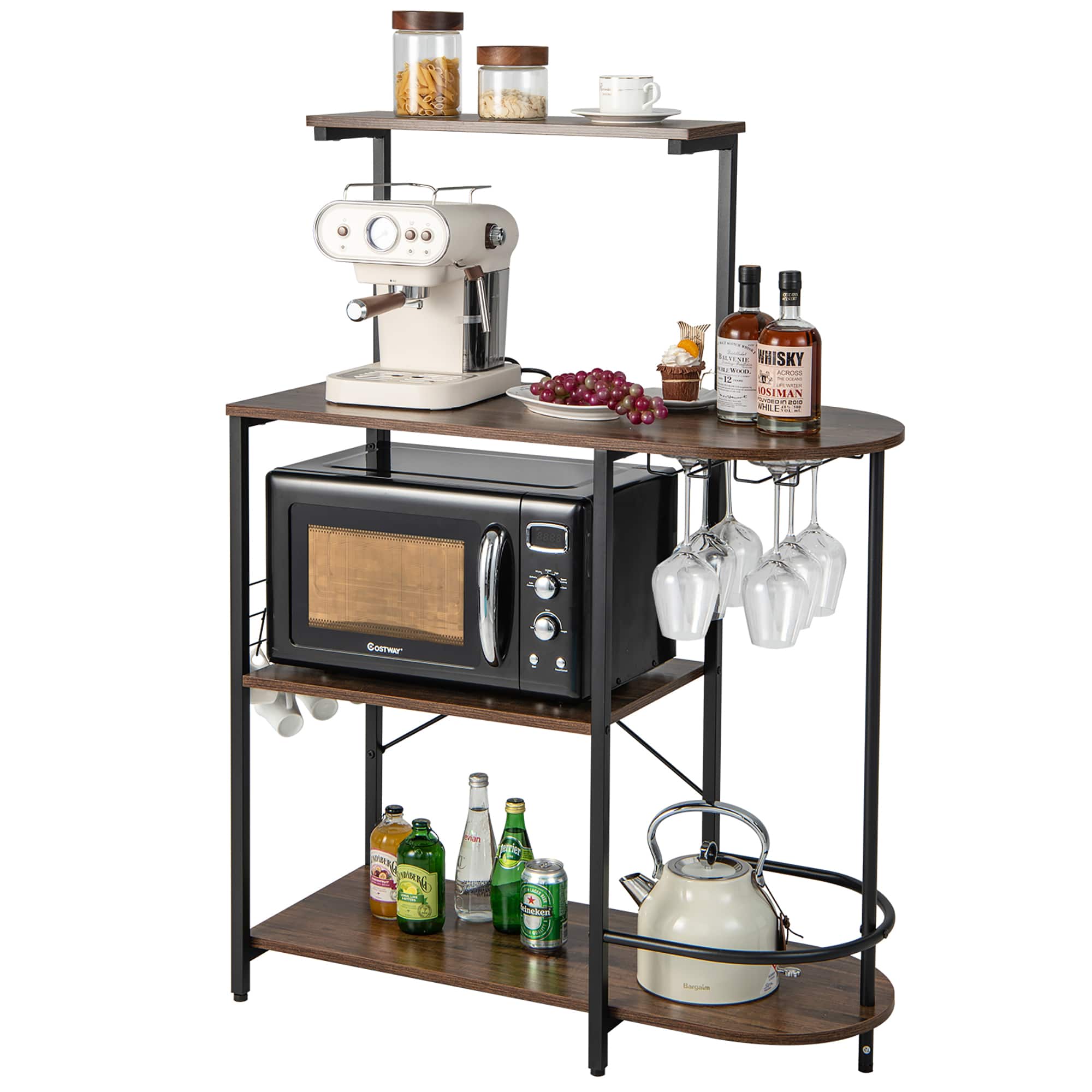 Costway - Kitchen Bakers Rack Microwave Stand Coffee Bar w/ S-Hooks & Stemware Holder - Rustic Brown