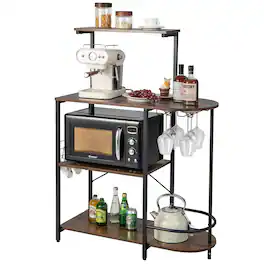 Costway - Kitchen Bakers Rack Microwave Stand Coffee Bar w/ S-Hooks & Stemware Holder - Rustic Brown