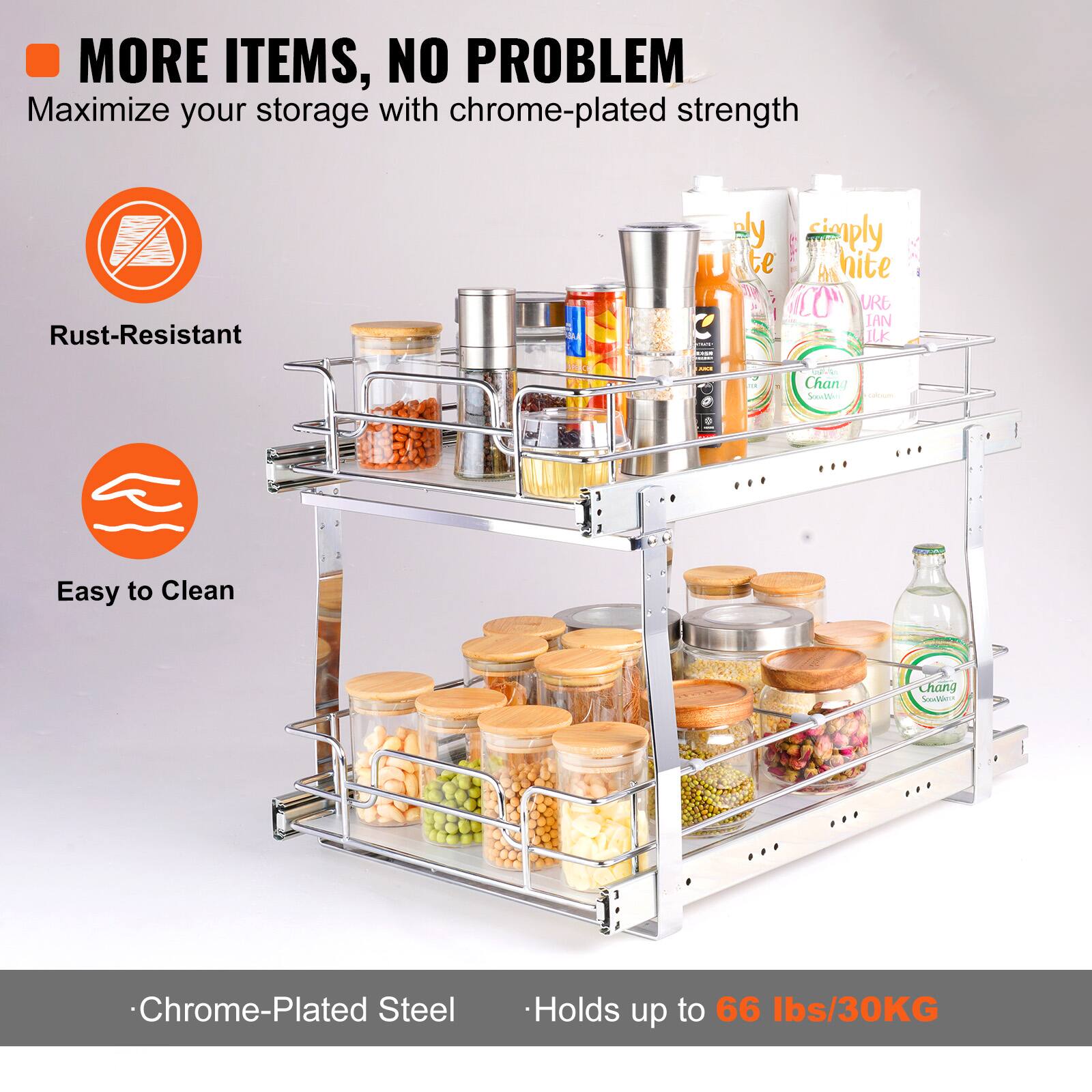 MORE ITEMS, NO PROBLEM

Maximize your storage with chrome-plated strength

- Rust-Resistant
- Easy to Clean

Chrome-Plated Steel
Holds up to 66 lbs/30KG