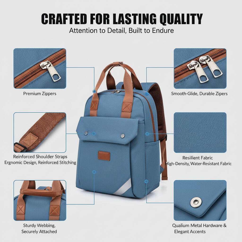 CRAFTED FOR LASTING QUALITY  
Attention to Detail, Built to Endure  

- Premium Zippers  
- Smooth-Glide, Durable Zippers  
- Reinforced Shoulder Straps  
  Ergonomic Design, Reinforced Stitching  
- Resilient Fabric  
  High-Density, Water-Resistant Fabric  
- Sturdy Webbing, Securely Attached  
- Qualium Metal Hardware & Elegant Accents