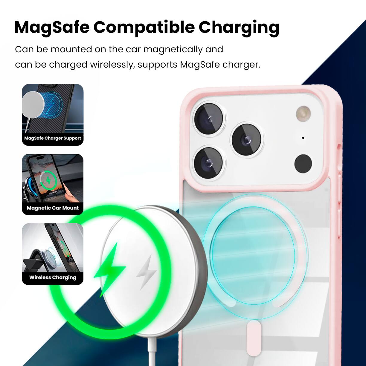 MagSafe Compatible Charging

Can be mounted on the car magnetically and can be charged wirelessly, supports MagSafe charger.

- MagSafe Charger Support
- Magnetic Car Mount
- Wireless Charging