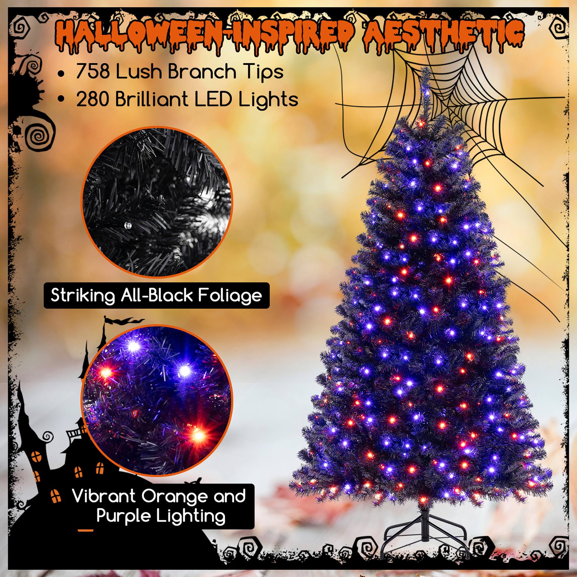 Halloween-Inspired Aesthetic

- 758 Lush Branch Tips
- 280 Brilliant LED Lights

Striking All-Black Foliage

Vibrant Orange and Purple Lighting