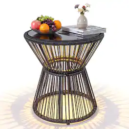 Gymax - Outdoor Side Table w/ LED Warm Light PE Rattan Hourglass-Shaped End Table - Black