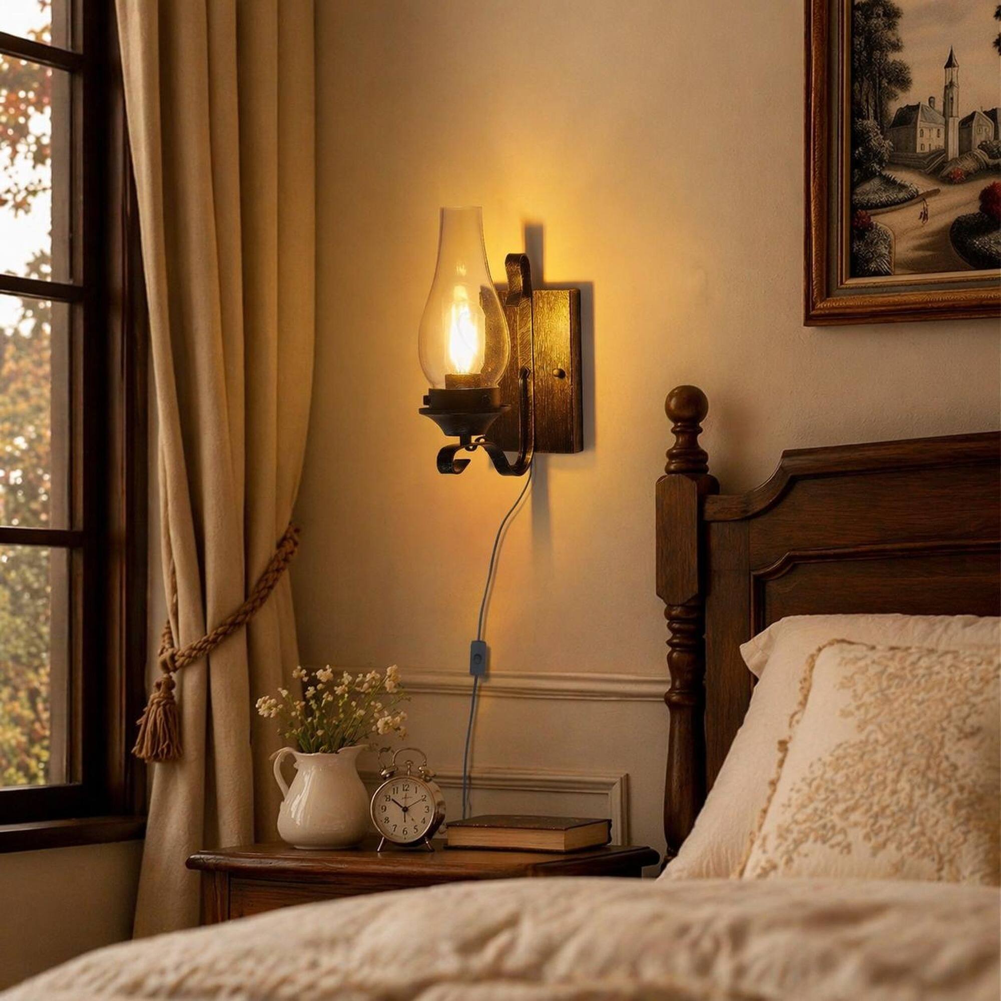 Left. RYHNUYNE - Set of 2 Plug-In Wall Sconces with Clear Glass Shades, Black and Gold Accents, Vintage Industrial Design for Bedroom.