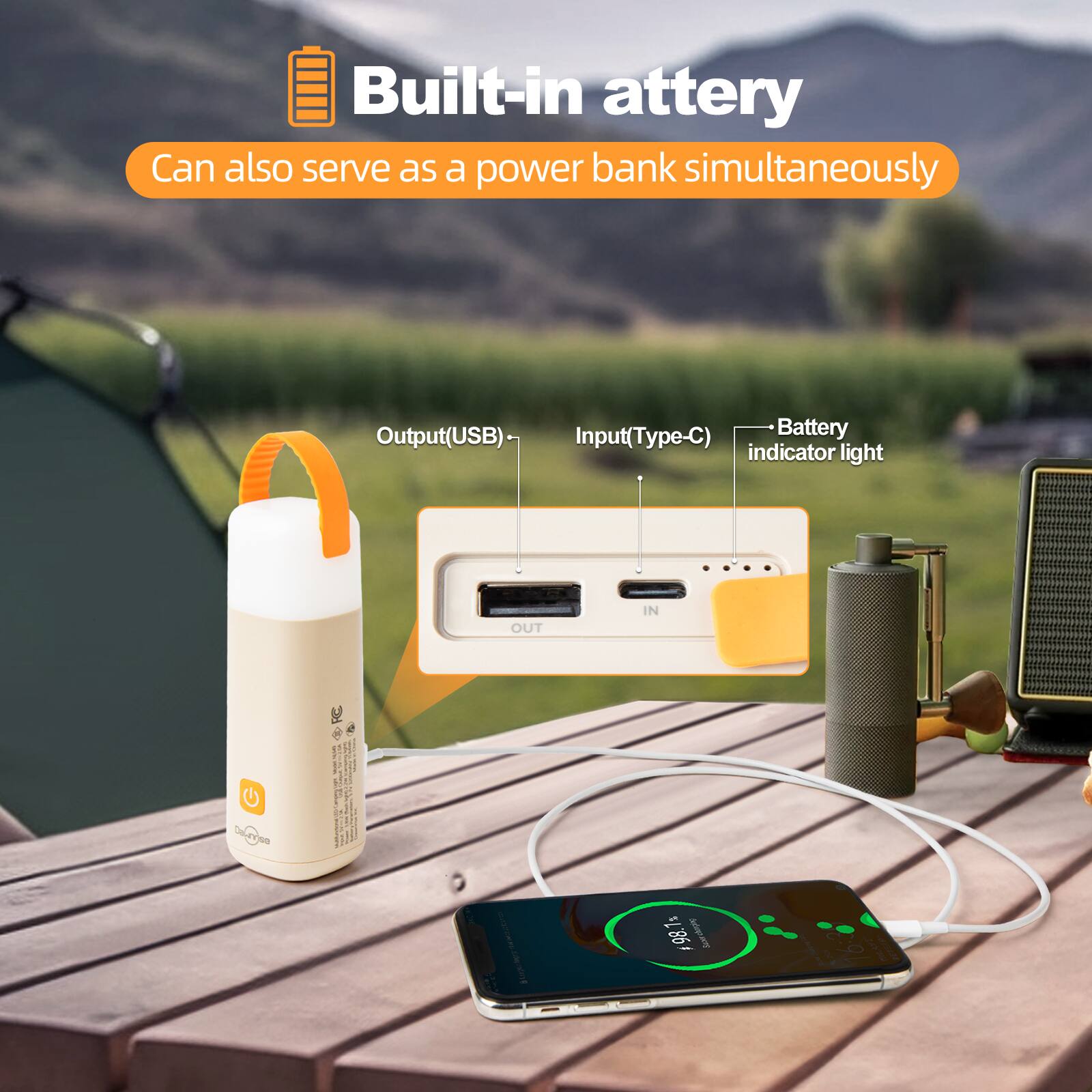 Built-in battery  
Can also serve as a power bank simultaneously  

Output(USB)  
Input(Type-C)  
Battery indicator light  

OUT IN