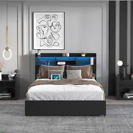 GOODSILO - Full Size Bed Frame with Storage Drawers, Headboard, Charging Station, and LED Lighting - Black