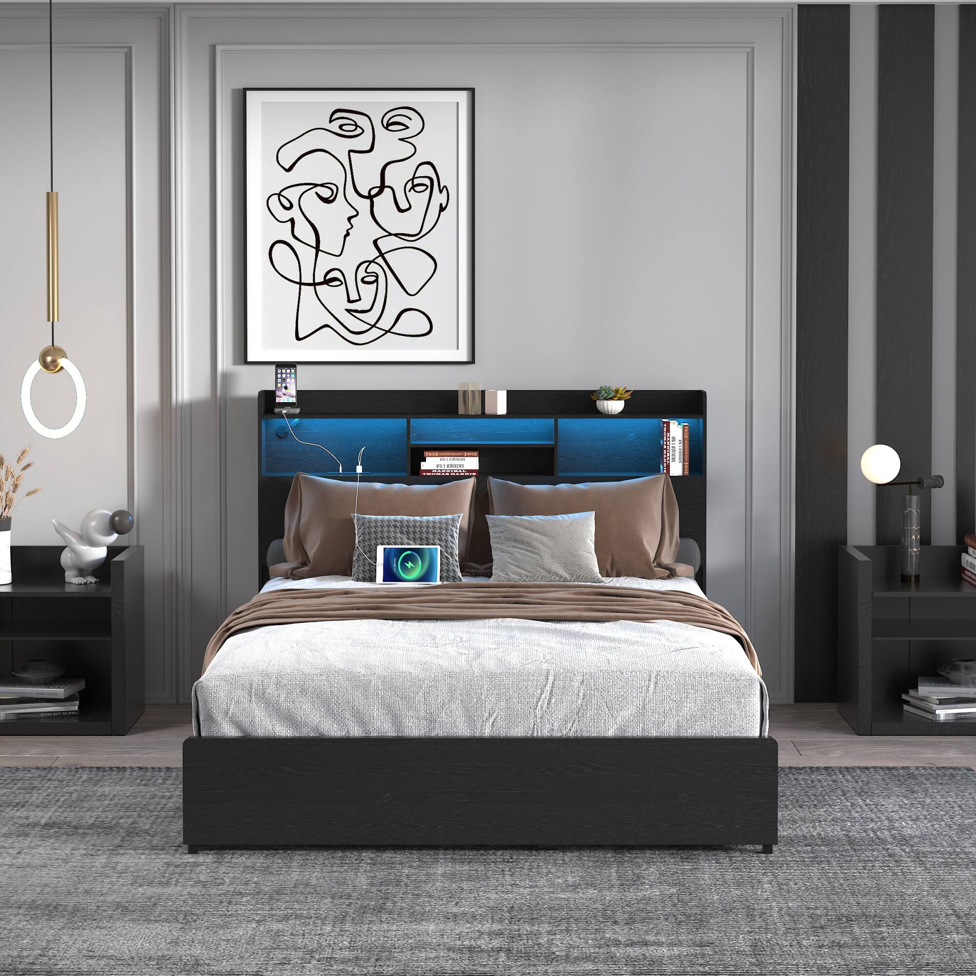 Front. GOODSILO - Full Size Bed Frame with Storage Drawers, Headboard, Charging Station, and LED Lighting - Black.