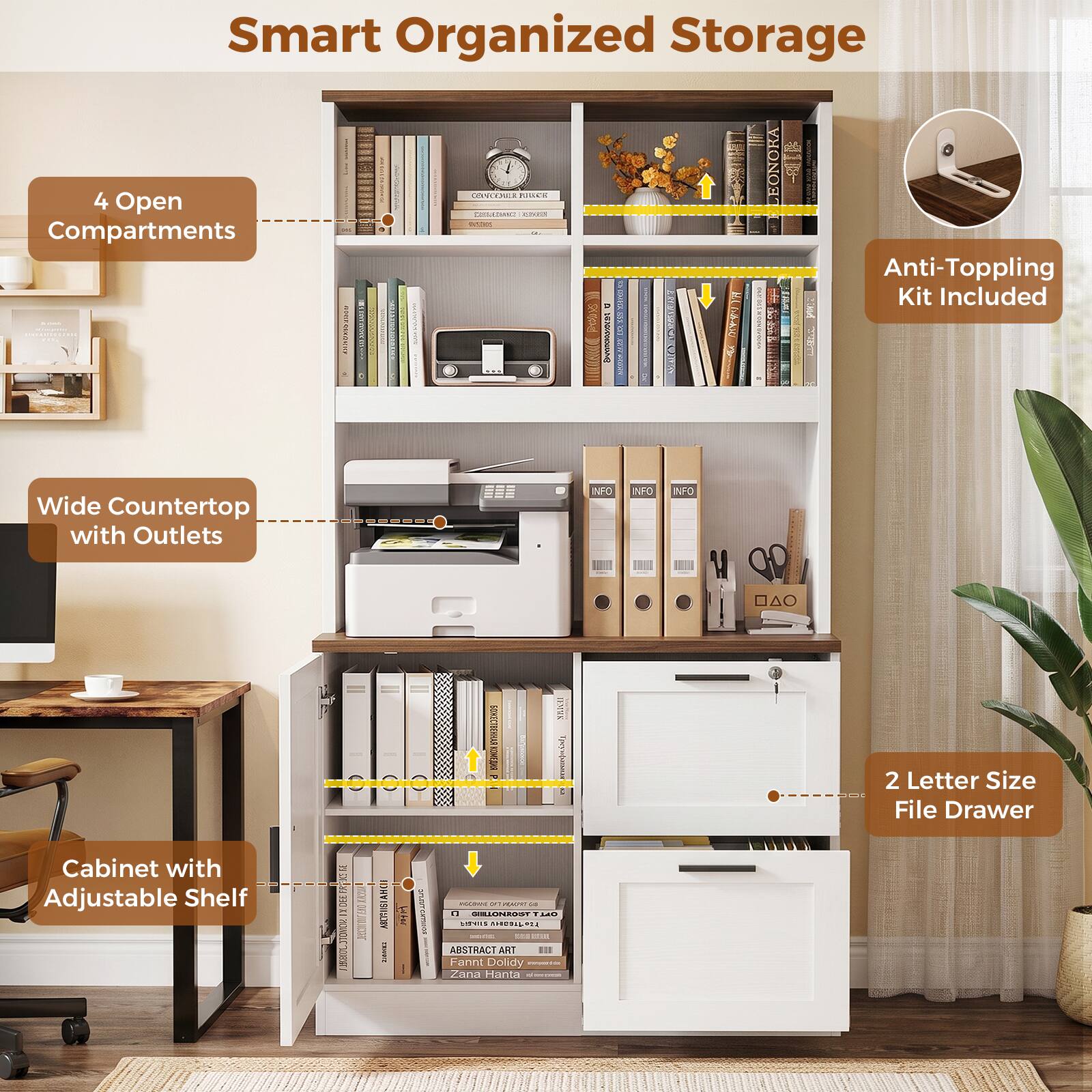 Smart Organized Storage

- 4 Open Compartments
- Wide Countertop with Outlets
- Cabinet with Adjustable Shelf
- Anti-Topping Kit Included
- 2 Letter Size File Drawer