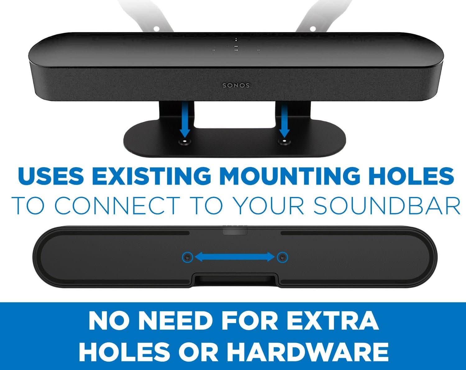 SONOS USES EXISTING MOUNTING HOLES TO CONNECT TO YOUR SOUNDBAR  
NO NEED FOR EXTRA HOLES OR HARDWARE