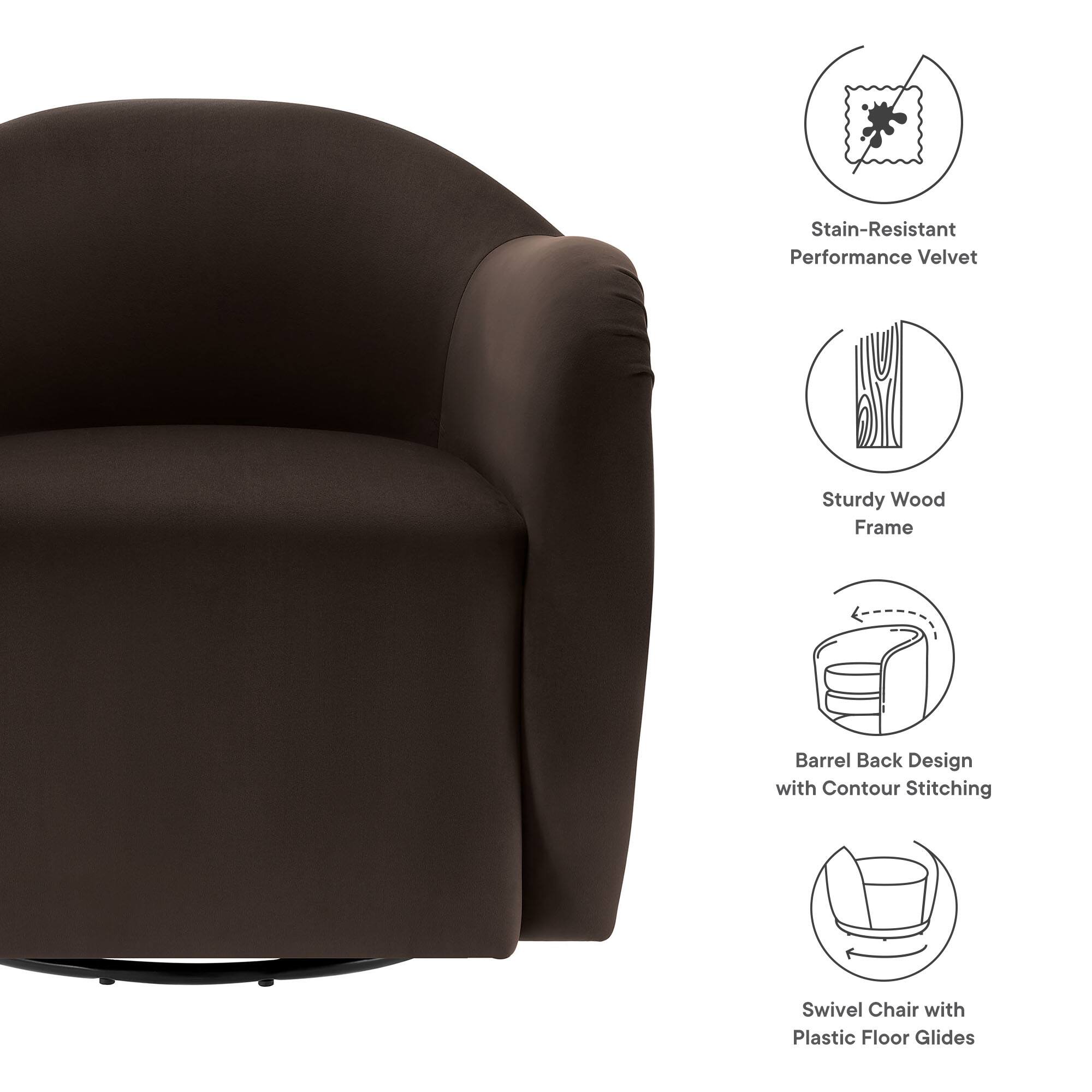 Stain-Resistant Performance Velvet  
Sturdy Wood Frame  
Barrel Back Design with Contour Stitching  
Swivel Chair with Plastic Floor Glides
