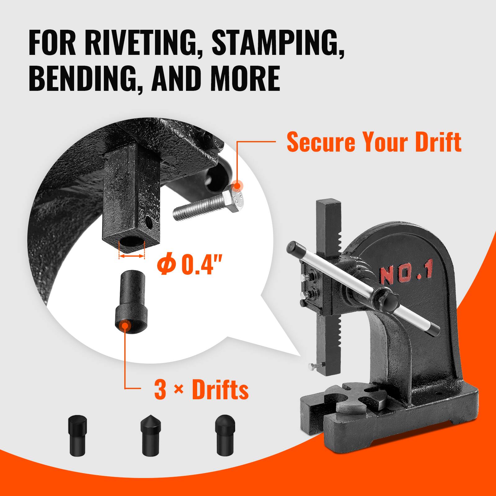FOR RIVETING, STAMPING, BENDING, AND MORE  
Secure Your Drift  
0.4" NO.1  
3 x Drifts