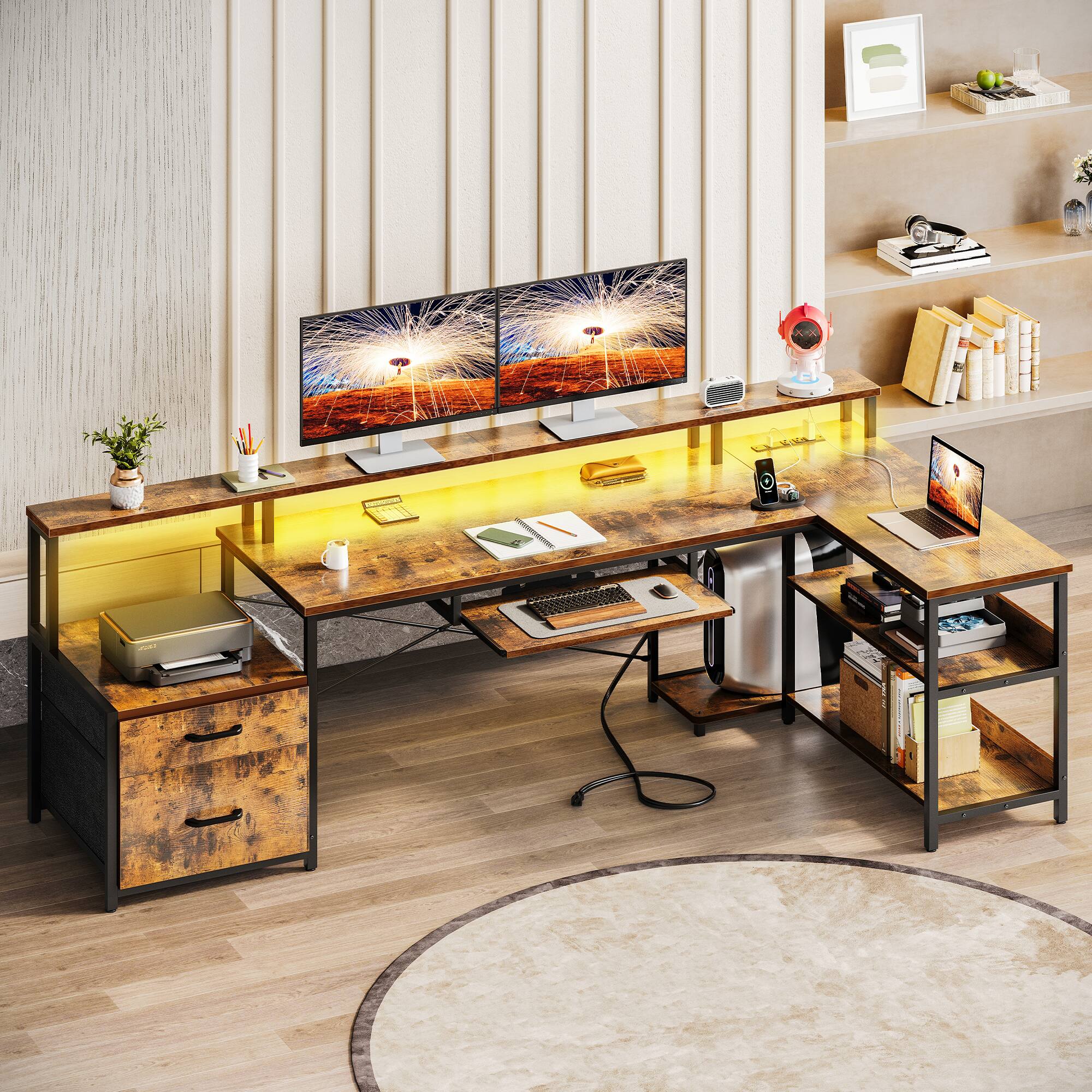 Alt View 3. AODK - L-Shaped Reversible Computer Desk with LED Lights, File Drawer, Power Outlets, Storage Shelves & Keyboard Tray - Brown.