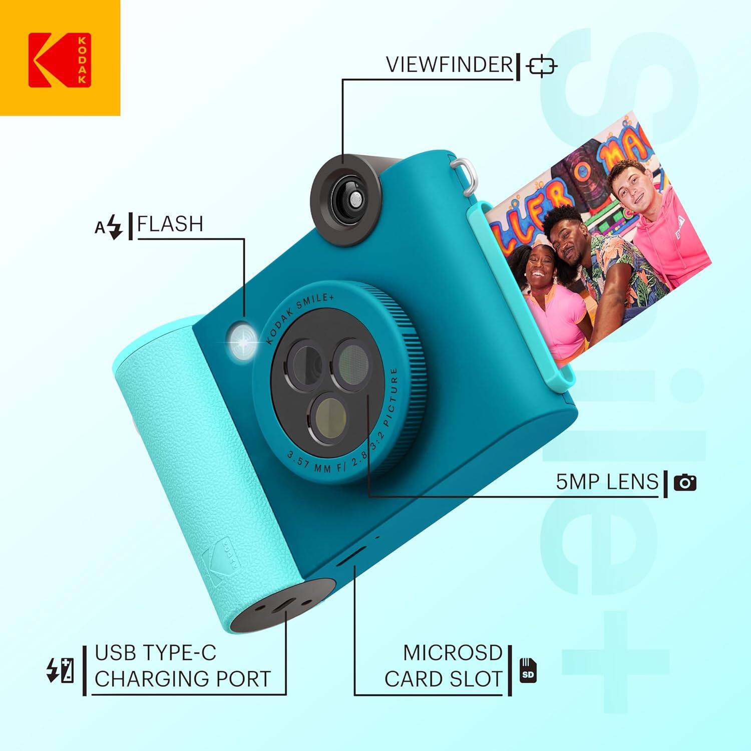 KODAK VIEWFINDER  
KODAK SMILE+  
KODAK PICTURE  
3.57 MM F/2.8  
5MP LENS  
USB TYPE-C CHARGING PORT  
MICROSD CARD SLOT