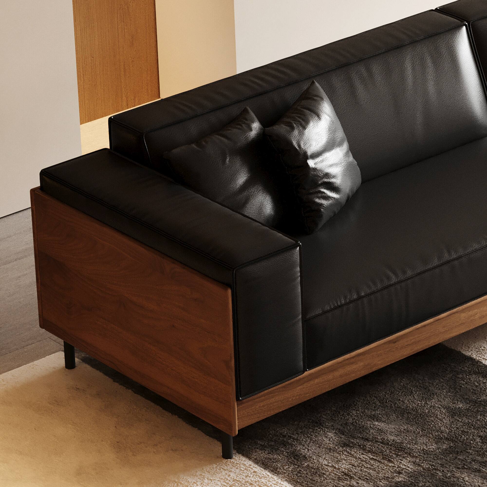 Back. luck idea - 106.3" Modern Leather Sofa Couch with Solid Wood Frame, Metal Legs and 3 Accent Pillows - Black.