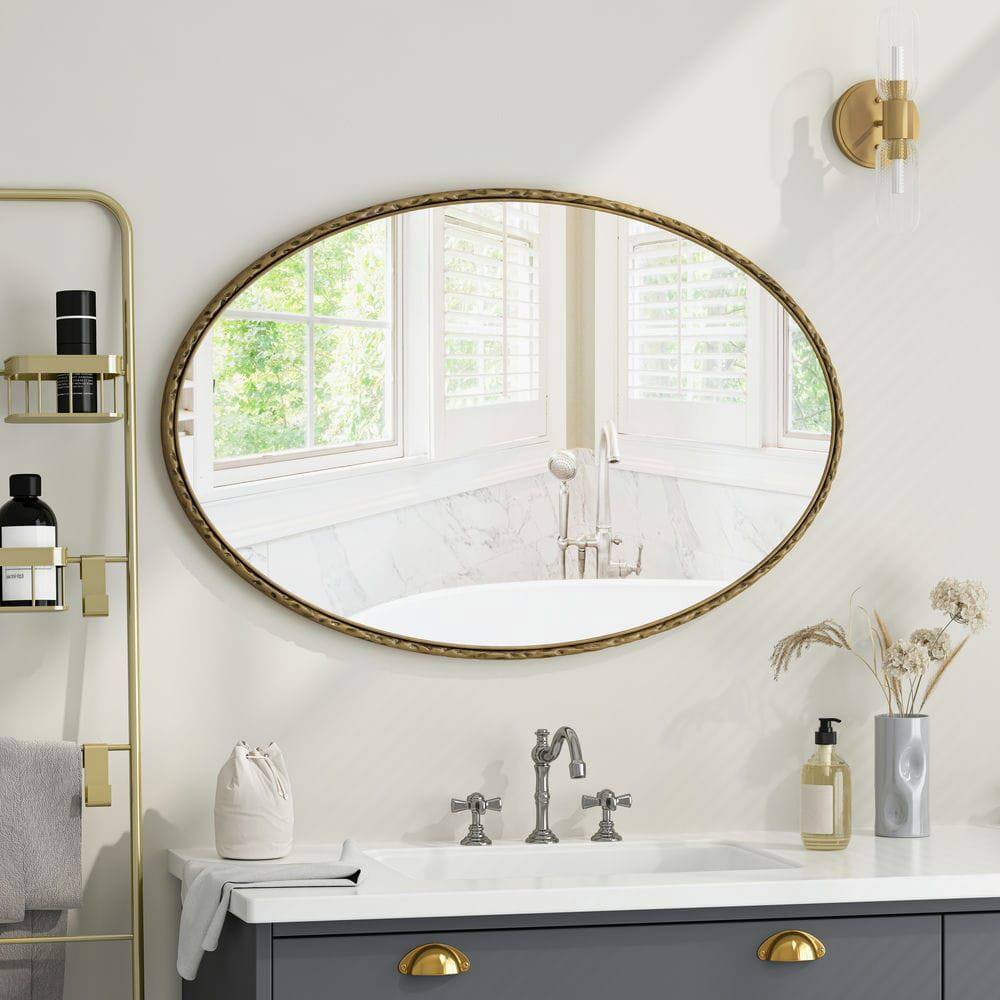 Alt View 1. Kadyn - Iron Art Oval Retro Mirror with Antique Effect, Elegant Wall Hanging Mirror for Bathroom/Bedroom, Gold.