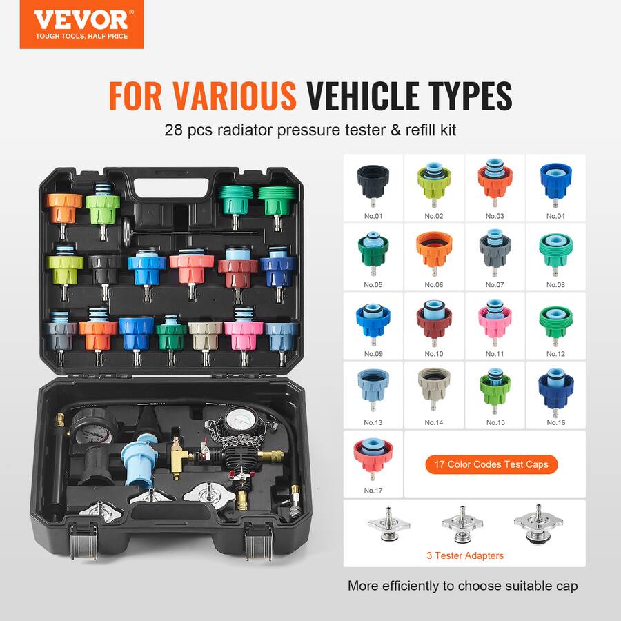 Color Detect Test VEVOR 28 pcs Universal Radiator Pressure Tester Kit, Coolant Pressure ...