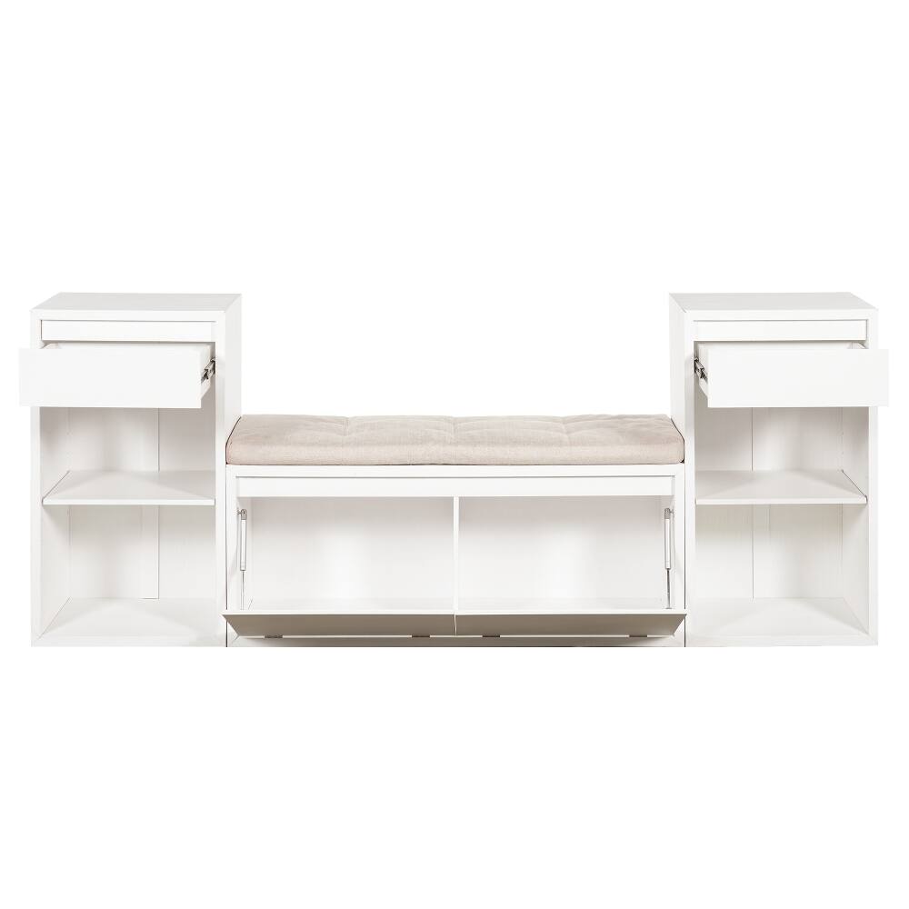Alt View 9. Ropilly - Ropilly White Entryway Storage Bench with Cushion Drawers and Open Shoe Shelves - White.