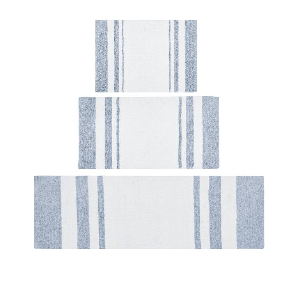 Alt View 2. APRILSOUL - Reversible Cotton Bath Rug Casual Stripes Soft Plush Highly Absorbent - Blue.
