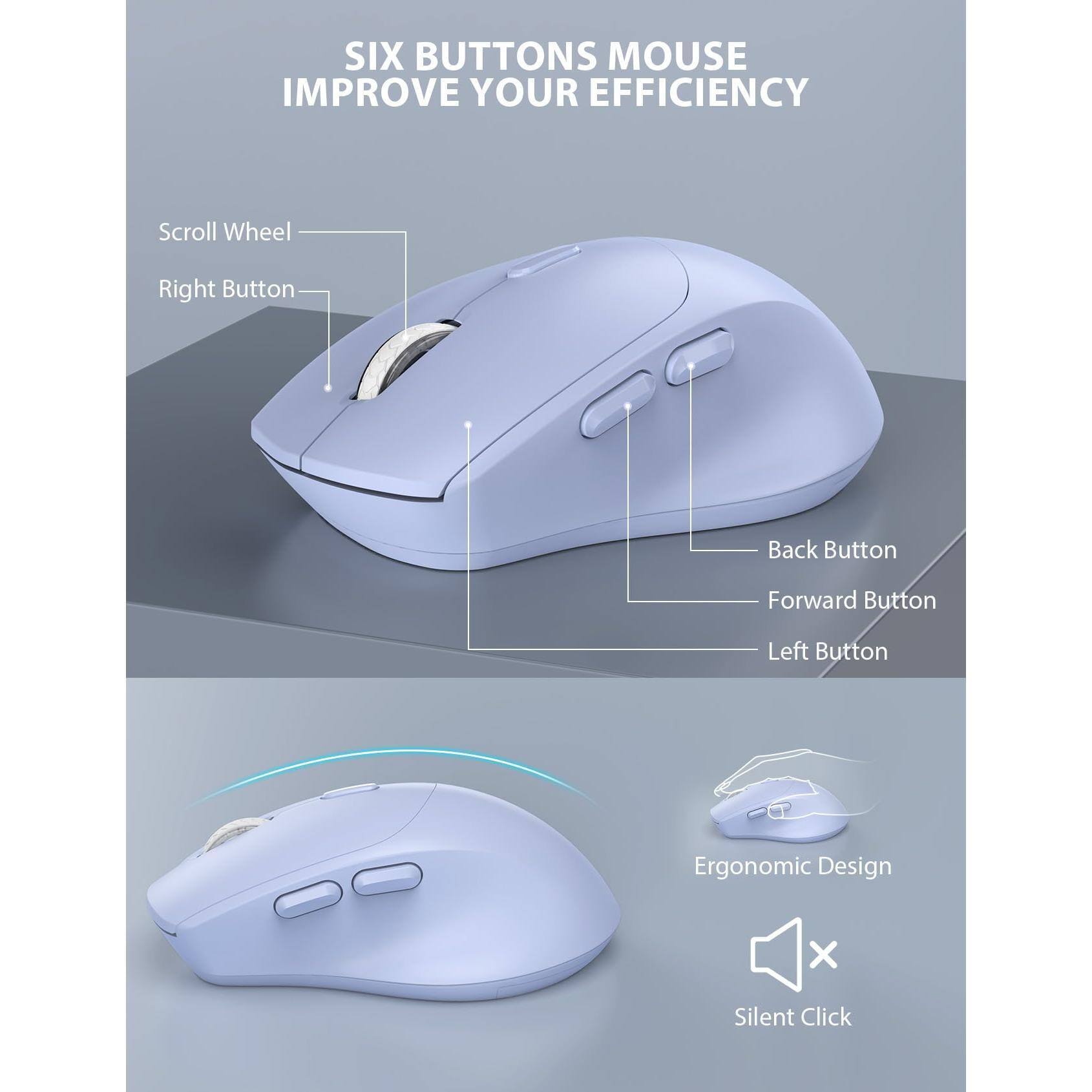 SIX BUTTONS MOUSE  
IMPROVE YOUR EFFICIENCY  

Scroll Wheel  
Right Button  
Back Button  
Forward Button  
Left Button  

Ergonomic Design  
Silent Click
