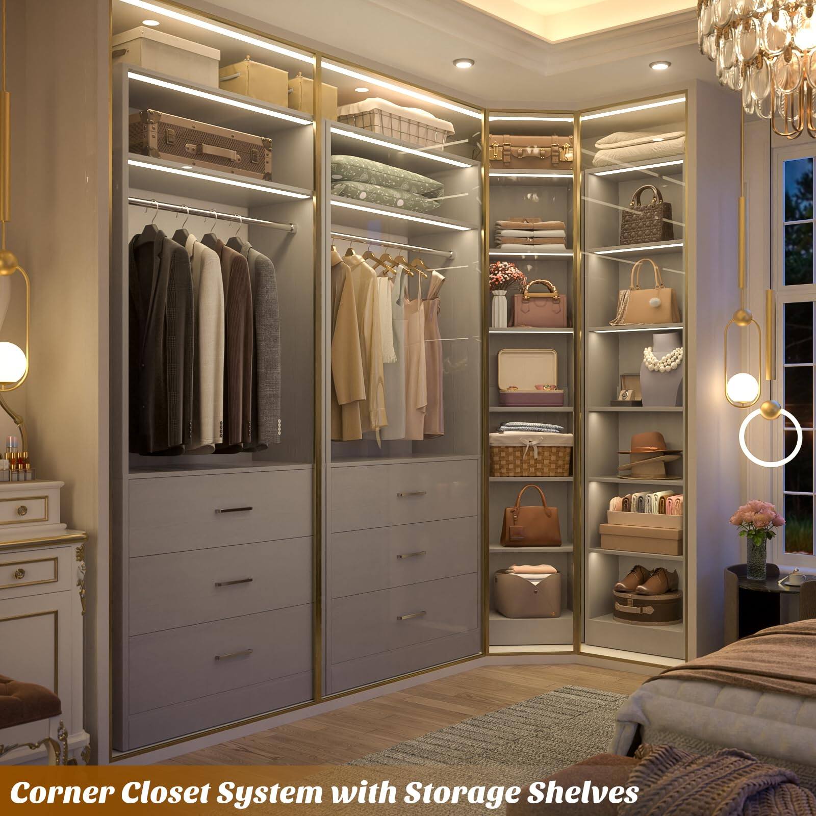 Corner Closet System with Storage Shelves
