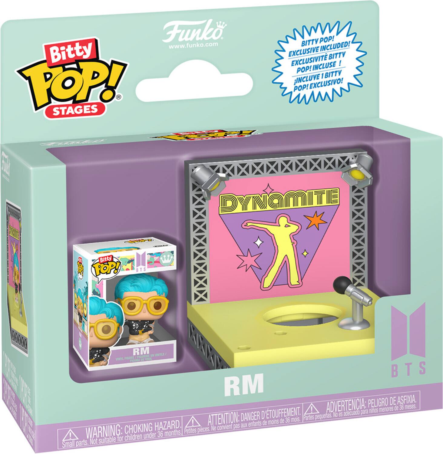 Sure, here is the corrected and grouped text from the image:

---

**Funko**  
www.funko.com

**Bitty Pop! Stages**

**Bitty Pop! Exclusive Included!**  
EXCLUSIVE BITTY POP! INCLUSE!  
¡INCLUYE 1 BITTY POP! EXCLUSIVO!

**DYNAMITE**

**RM**

**BTS**

**WARNING: CHOKING HAZARD**  
Small parts. Not suitable for children under 36 months.

**ATTENTION: DANGER D'ÉTOUFFEMENT**  
Petites pièces. Ne convient pas aux enfants de moins de 36 mois.

**ADVERTENCIA: PELIGRO DE ASFIXIA**  
Partes pequeñas. No es adecuado para niños menores de 36 meses.

---