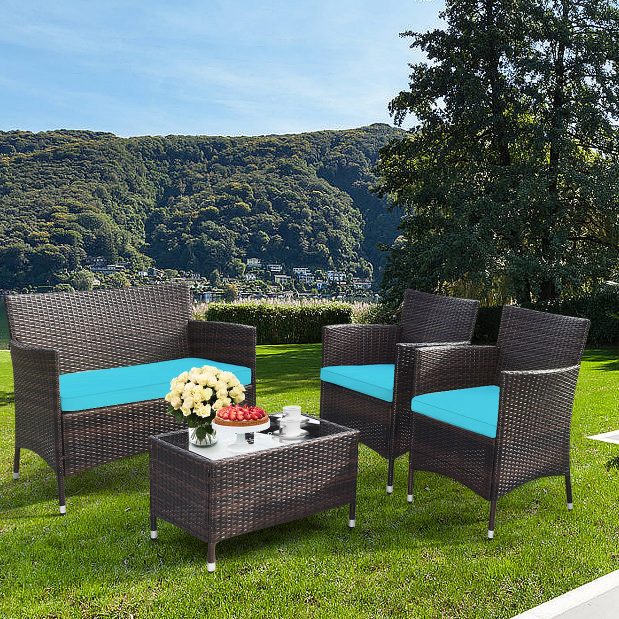 Alt View 2. Gymax - Gymax 4PCS Patio Rattan Conversation Furniture Set Outdoor Turquoise Cushioned - Turquoise.