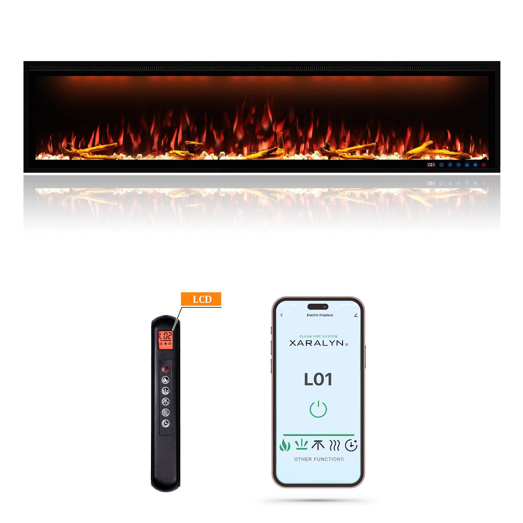 Boyel Living - 74 in. Wall Mount Recessed Electric Fireplace with Realistic Flame Effects and Alexa Compatibility - Black