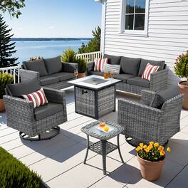 Ovios - 6 PCS Patio Furniture Wicker Sofa with Swivel Chair, Side Table and 30" Fire Pit Table for Deck - Black