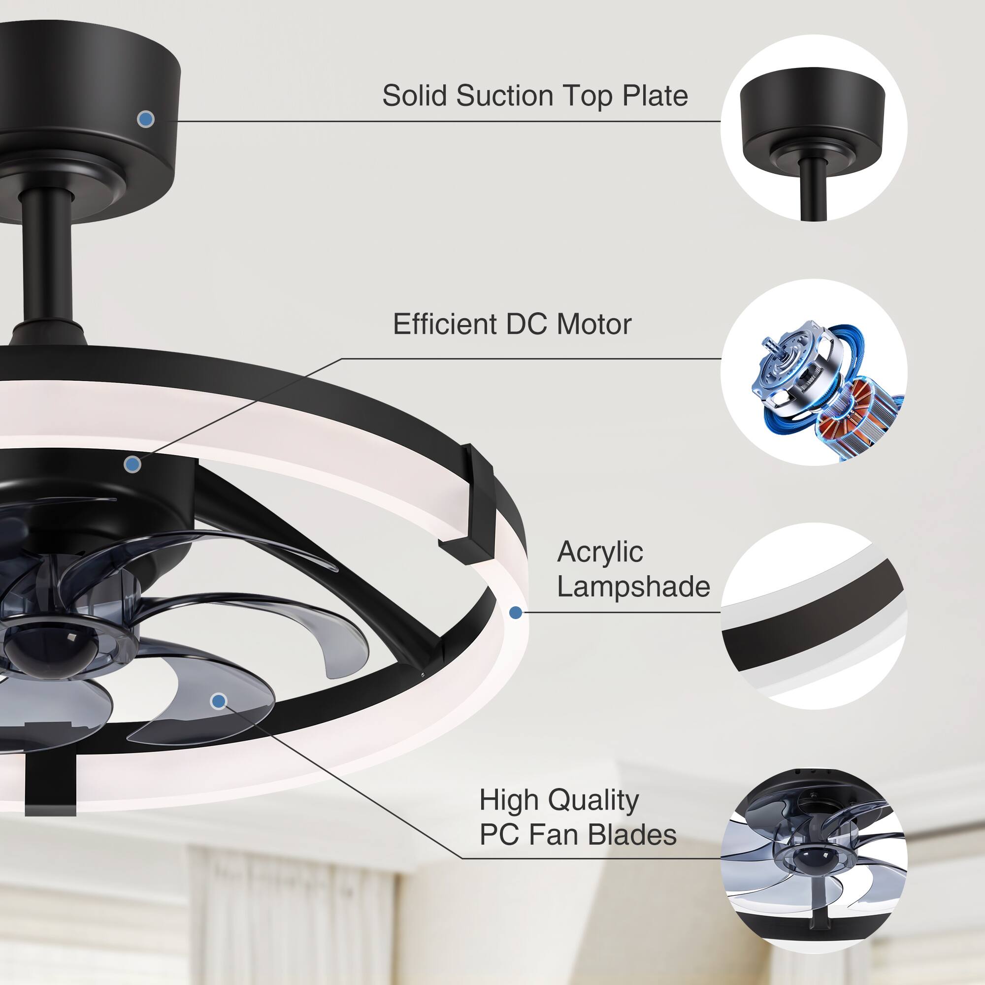 - Solid Suction Top Plate
- Efficient DC Motor
- Acrylic Lampshade
- High Quality PC Fan Blades