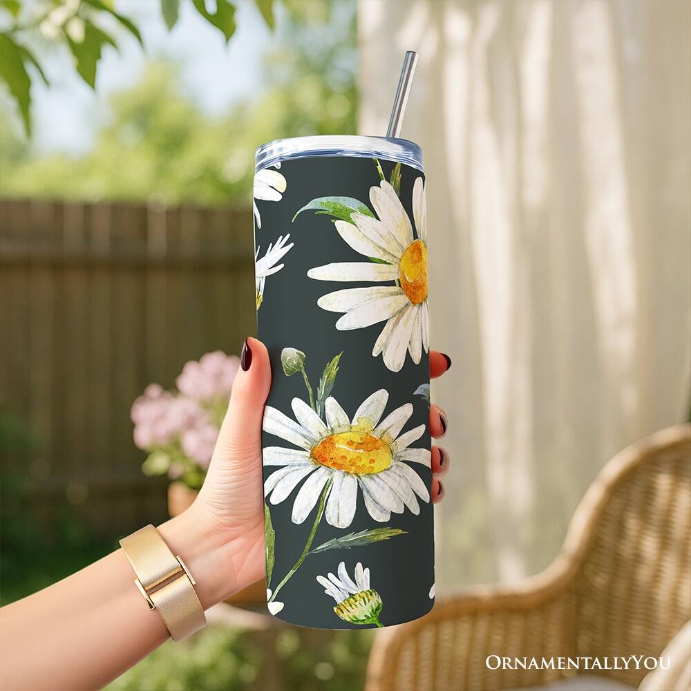 Back. OrnamentallyYou - White Daisy Flower Pattern 20oz Tumbler With Lid and Stainless Steel Straw - Multicolored.