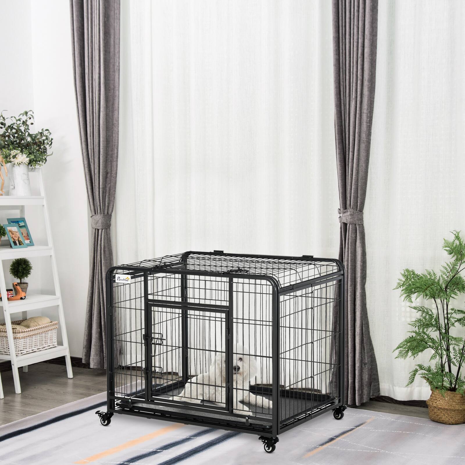 Angle. Pawhut - 37" Folding Heavy Duty Metal Dog Cage, Removable Tray, Cover, 4 Locking Wheels, For Indoor/Outdoor Use.