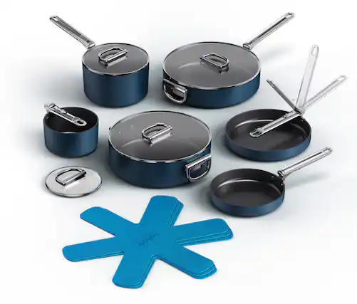 Front. Joseph Joseph - Space Ceramic Non-stick 10-piece Cookware Set with Folding Handles - Blue.