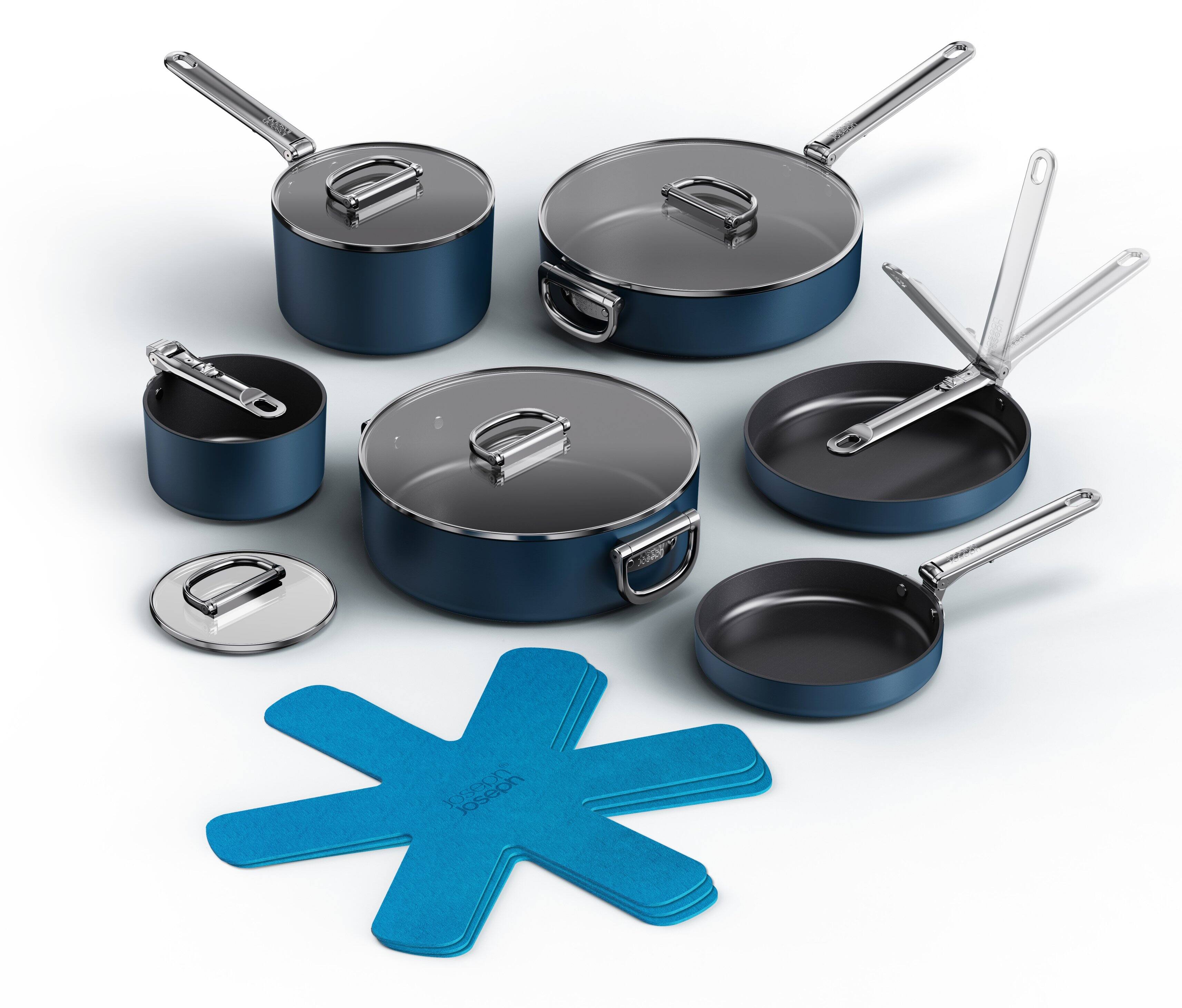 Front. Joseph Joseph - Space Ceramic Non-stick 10-piece Cookware Set with Folding Handles - Blue.