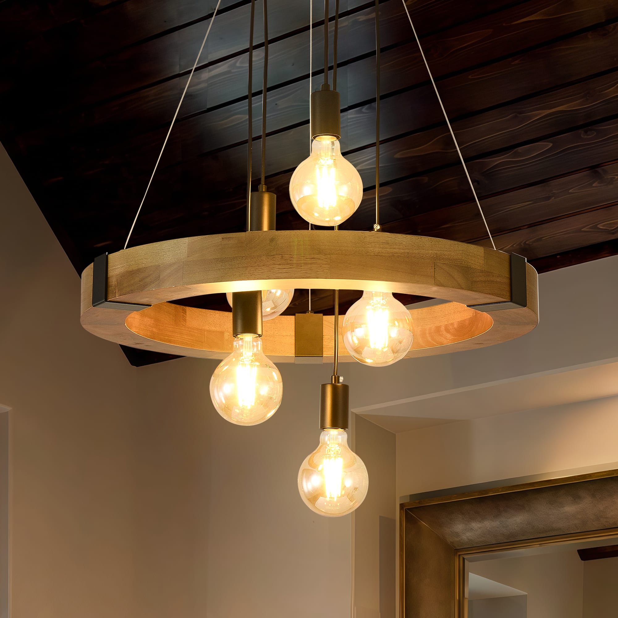 RYHNUYNE - 5-Light Farmhouse Wooden Chandelier 23.62in Circular Pendant with Adjustable Height Rustic Natural Wood Ceiling Light