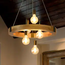 RYHNUYNE - 5-Light Farmhouse Wooden Chandelier 23.62in Circular Pendant with Adjustable Height Rustic Natural Wood Ceiling Light