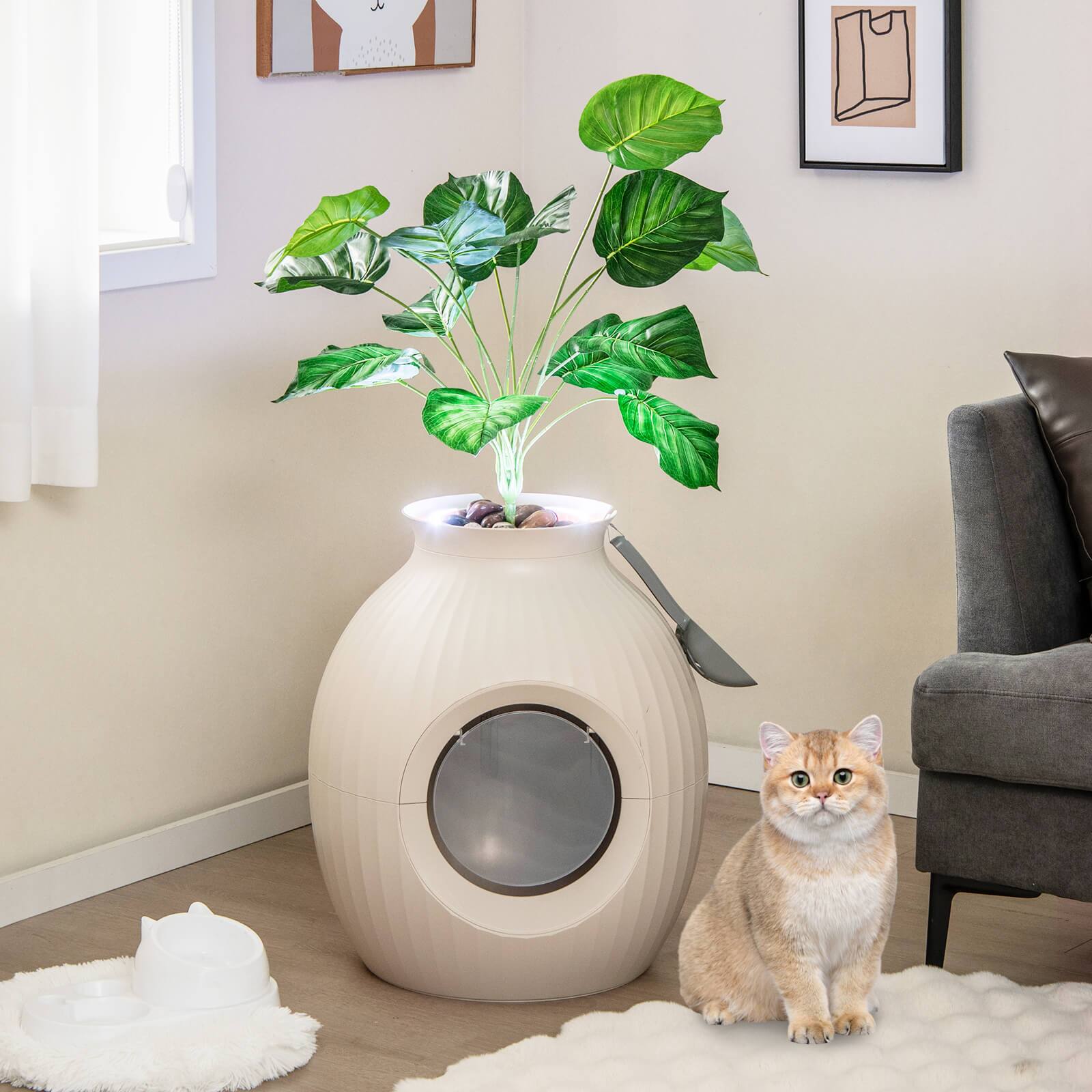 Alt View 1. Costway - Costway Plant Cat Litter Box w/ Smart Odor Removal Hidden Cat Litter Box Furniture - White+Green.
